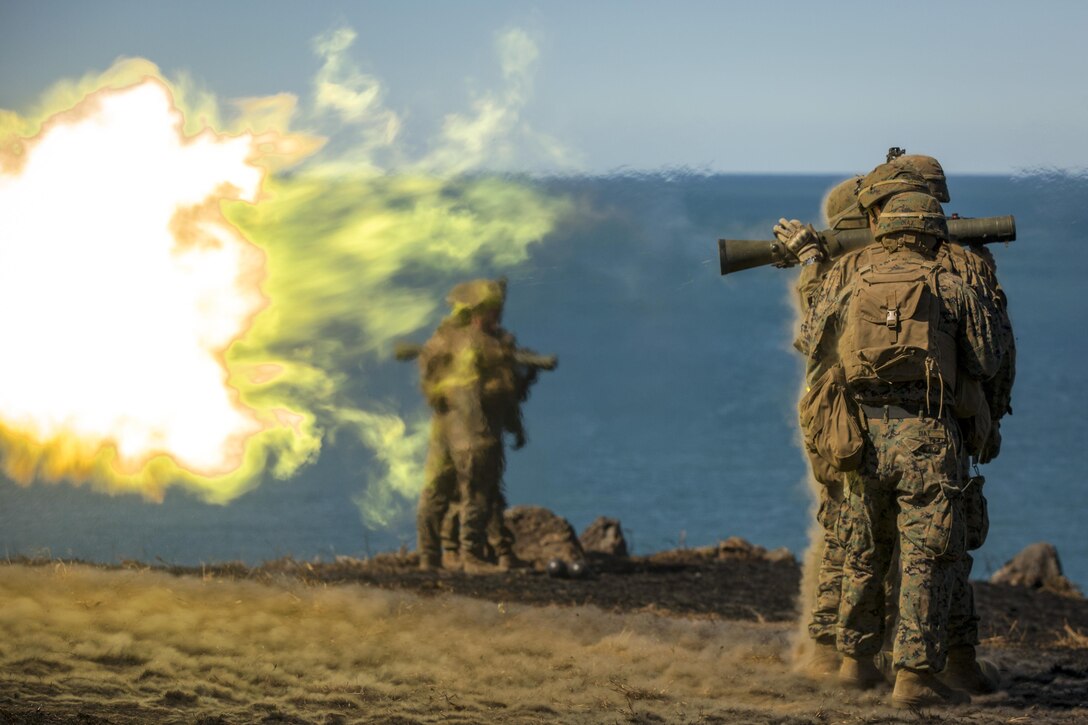 Marines fire a Carl Gustaf weapon system on Townshend Island at the Shoalwater Bay training area in Australia, July 21, 2017, during Talisman Saber 17. Talisman Saber is a biennial exercise designed to improve the interoperability between Australian and U.S. forces. Marine Corps photo by Lance Cpl. Amy Phan
