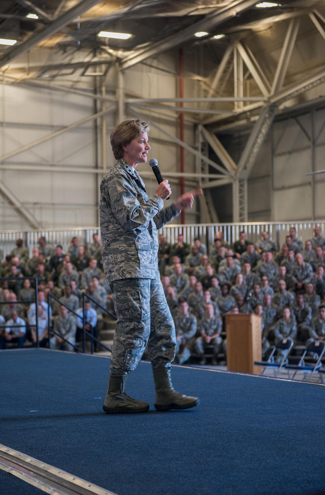 Lt. Gen. Maryanne Miller, Air Force Reserve Command commander and Chief of the Air Force Reserve, speaks to reservists July 15, 2017, at Beale Air Force Base, California. Miller held an all-ranks all-call to speak with Reserve Citizen Airmen and offer a question and answer period. (U.S. Air Force photo by Staff Sgt. Brenda Davis)