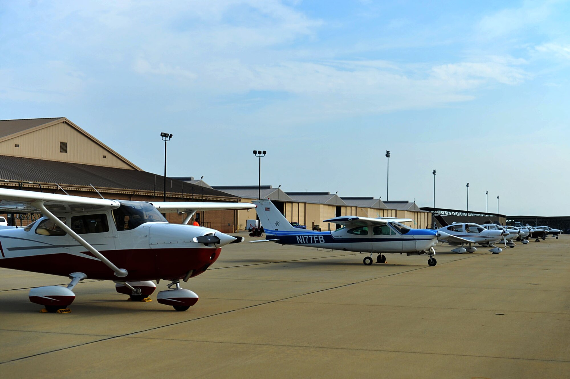 A row of aircraft sit on the flightline at Shaw Air Force Base, S.C., July 28, 2017. Approximately 22 aircraft and 48 visitors arrived on the installation to gain insight on what their military counterparts do on a daily basis. (U.S. Air Force photo by Senior Airman Christopher Maldonado)