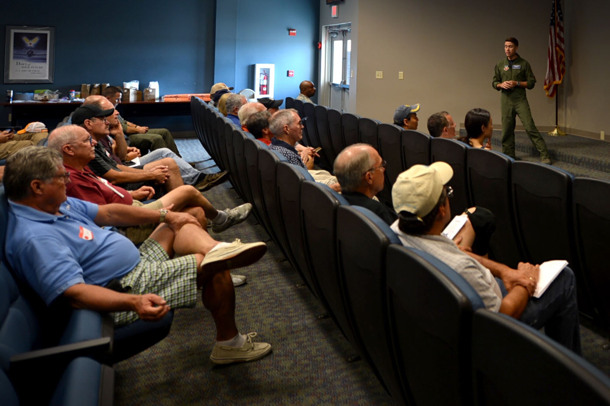 U.S. Air Force Capt. Kyle Bruton, 20th Fighter Wing flight safety chief, briefs local aviators on mid-air collision avoidance at Shaw Air Force Base, S.C., July 28, 2017. Civilian pilots received the opportunity to learn about the 20th FW’s flying operations and aircraft. (U.S. Air Force photo by Senior Airman Christopher Maldonado)