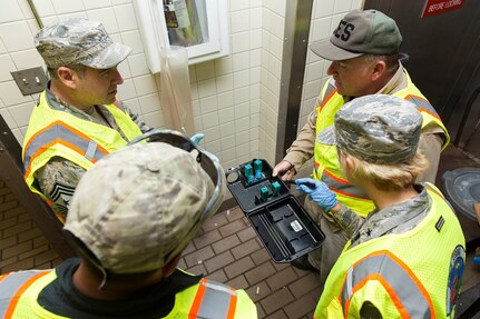 Edward Balfour, 502nd Civil Engineer Squadron Pest Management pest control manager (top right), explains how rodent bait works to 502nd Air Base Wing and Joint Base San Antonio senior leadership at JBSA-Lackland, Texas, July 20, 2017. Pest control technicians use long term solutions like bait to ensure insect and rodent population never gets out of control.