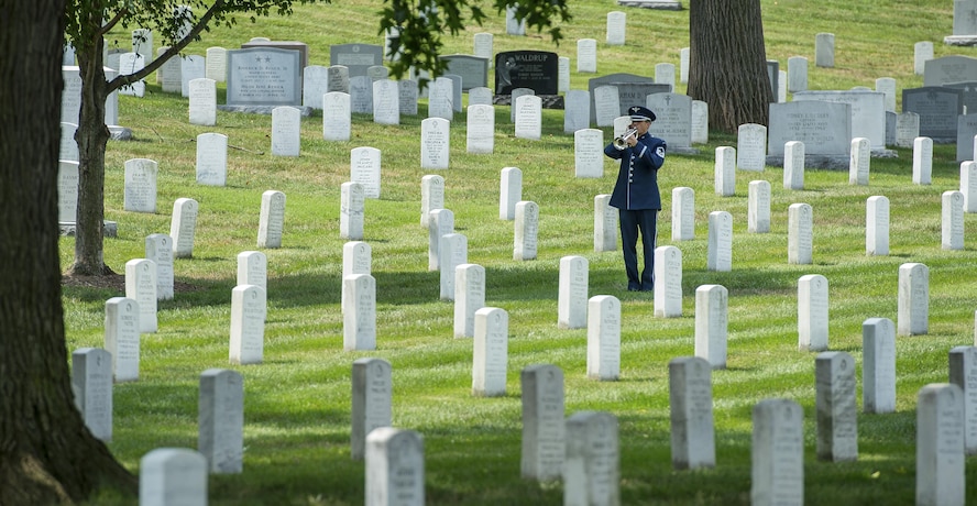 Air Force Ceremonial Guardsmen fire a volley during retired Air Force Col. Freeman Bruce Olmstead’s funeral at Arlington National Cemetery, Arlington, Va., July 27, 2017. For his actions as a Prisoner of War, Olmstead received Silver Star, Distinguished Flying Cross and Purple Heart. (U.S. Photo/Andy Morataya)