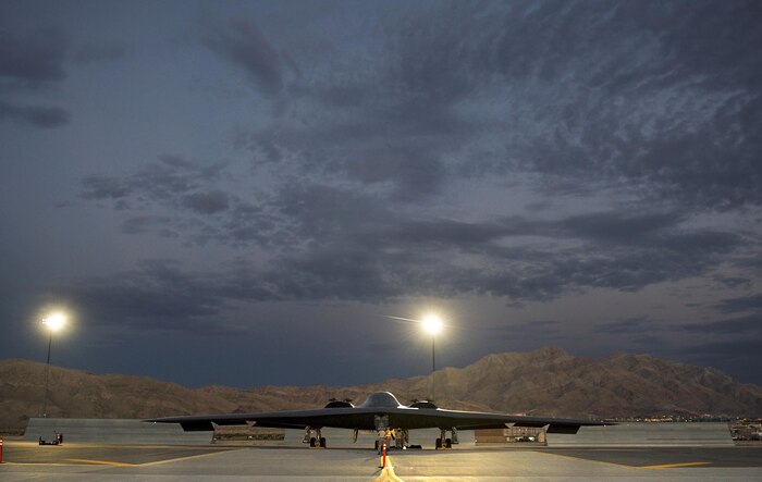 Aircraft maintainers assigned to the 509th Aircraft Maintenance Squadron, Whiteman Air Force Base, MO., perform pre-flight checks on a B-2 Spirit bomber from the 393rd Bomb Squadron prior to a Red Flag 17-3 training sortie July 20, 2017 at Nellis AFB, Nev. Red Flag exercises commonly task aircraft to fly multiple sorties per day, which requires maintenance to be performed throughout the night. (U.S. Air Force photo by Senior Airman Kevin Tanenbaum) 

