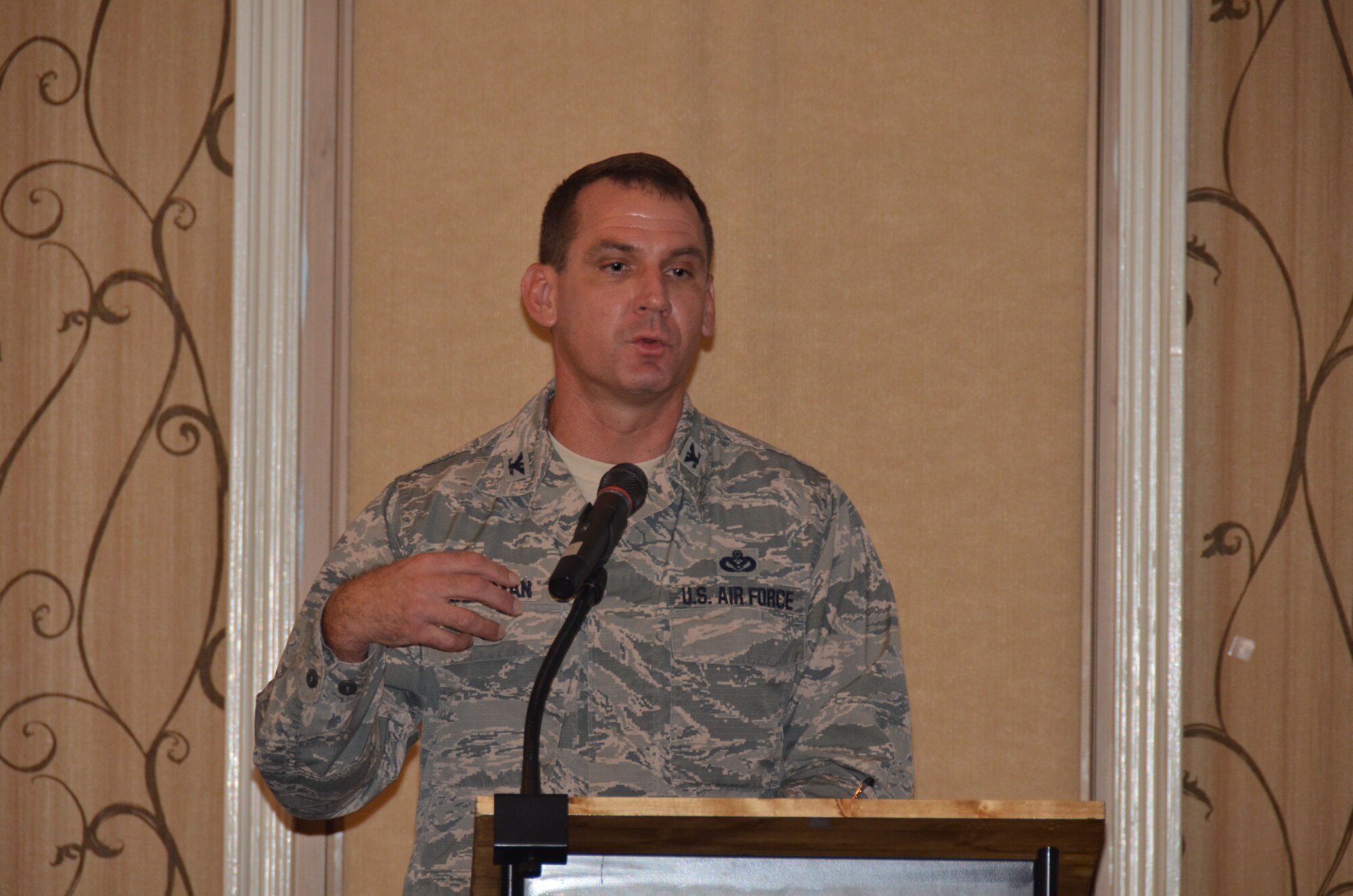 Col. Dean Hartman, AFCEC director of planning and integration, speaks to the audience during the 2017 Planning and Programming Summit. (U.S. Air Force photo by Steve Warns / Released)