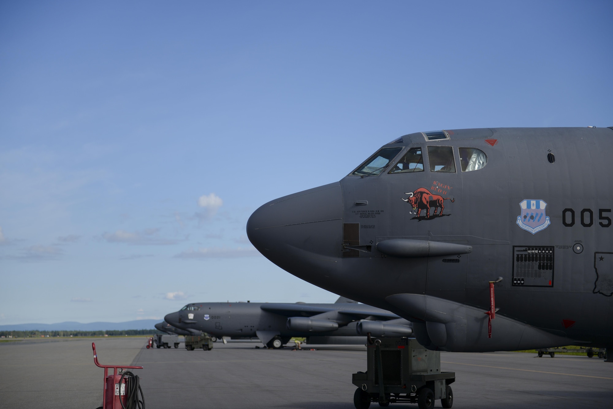 A U.S. Air Force B-52 Stratofortress assigned to the 96th Bomber Squadron, Barksdale Air Force Base (AFB), La., waits on the flight line during RED FLAG-Alaska (RF-A) 17-3, July 28, 2017, at Eielson AFB, Alaska. RF-A provides an optimal training environment in the Indo-Asia-Pacific Region and focuses on improving ground, space, and cyberspace combat readiness and interoperability for U.S. and international forces. (U.S. Air Force photo by Airman 1st Class Isaac Johnson)