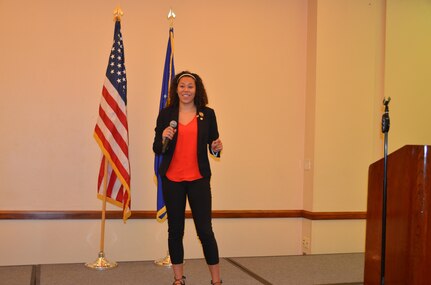 Arianna Skinner, the 2016 Military Youth of the Year, speaks how her Air Force Youth Center influenced and continues to influence her. (U.S. Air Force photo by Steve Warns / Released)