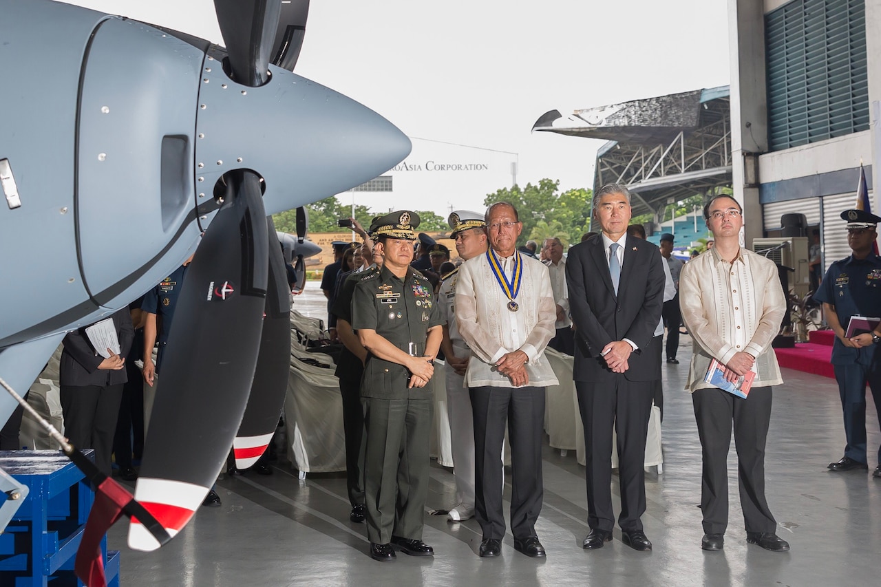 Chief of Staff of the Armed Forces of the Philippines General Eduardo Año, Secretary of National Defense Delfin Lorenzana, U.S. Ambassador to the Philippines Sung Y. Kim, and Secretary of Foreign Affairs Alan Peter Cayetano at the turnover and blessing ceremony for two new Cessna 208B aircraft from the U.S. to the Philippine Air Force at Villamor Air Base in Pasay City. 