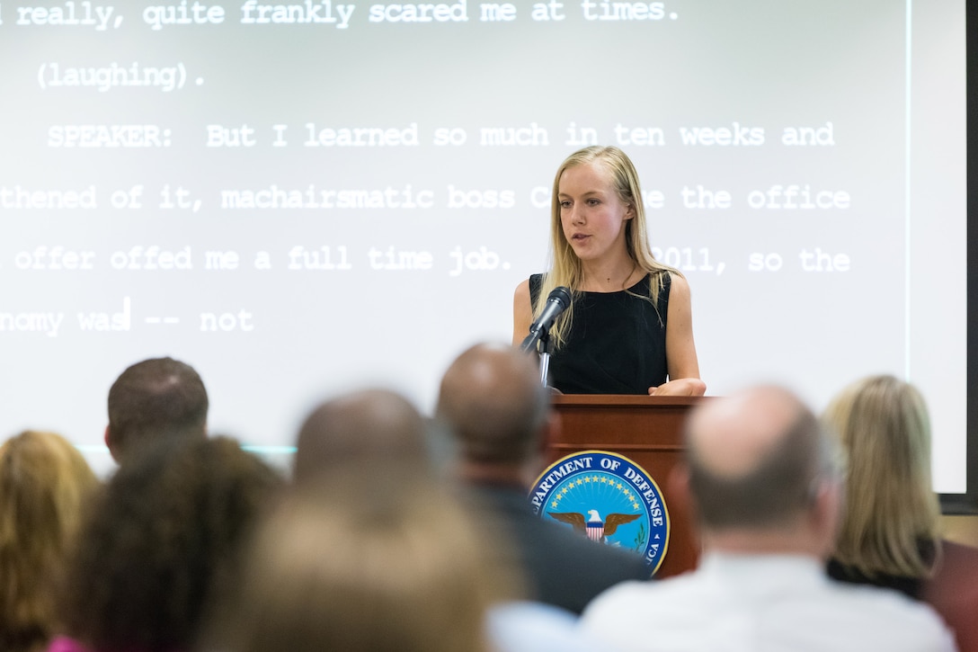 Andrea Walton, Equal Opportunity Office specialist for the State Department, speaks at the 2017 Workforce Recruitment Program Judith C. Gilliom awards and networking event at the U.S. Access Board in Washington, D.C., July 27, 2017. The U.S. Department of Labor’s Office of Disability Employment Policy co-hosted the event. Department of Labor photo by Alyson Fligg
