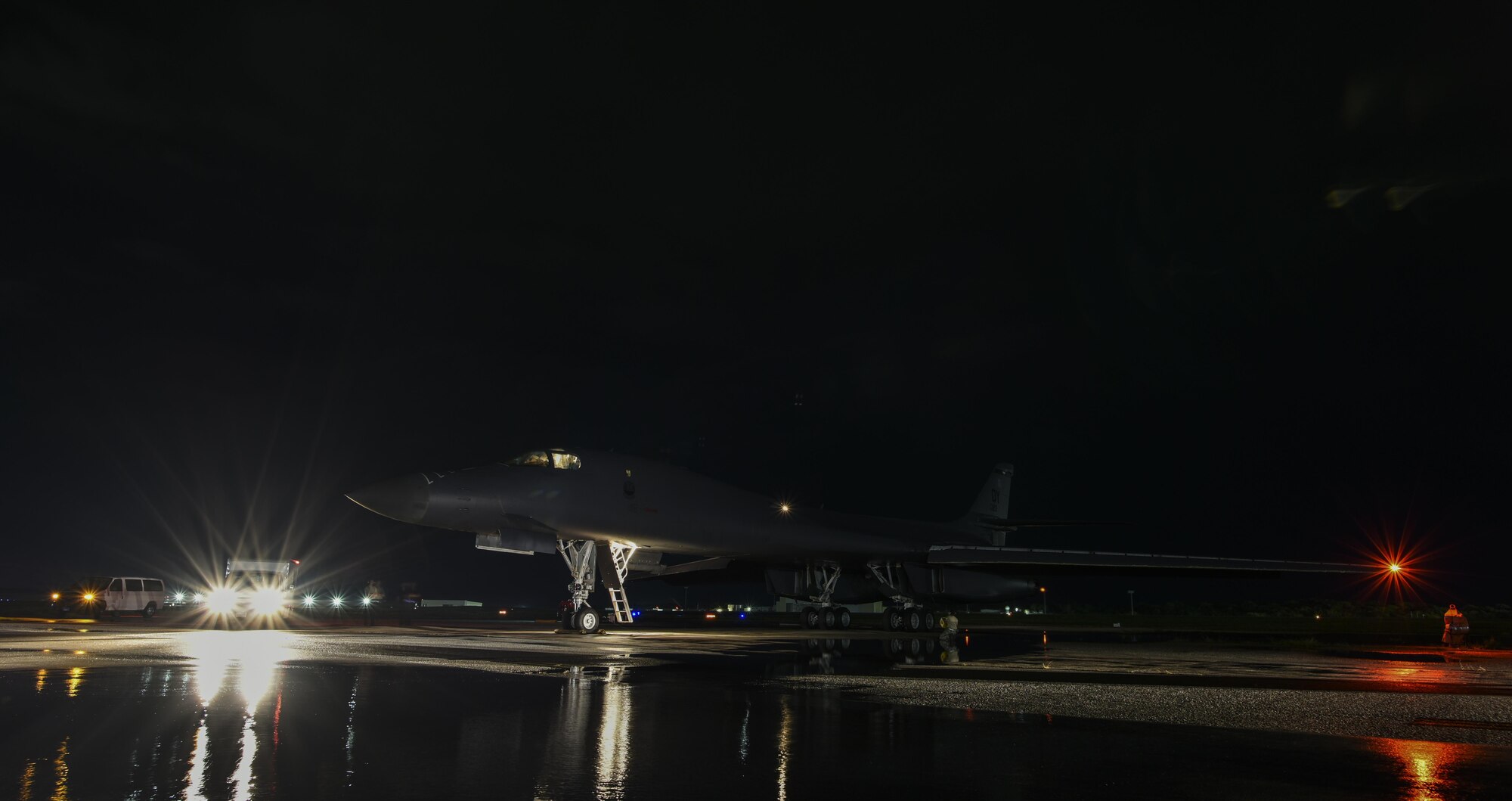 A U.S. Air Force B-1B Lancer assigned to the 9th Expeditionary Bomb Squadron, deployed from Dyess Air Force Base, Texas, prepares to take off for a 10-hour mission from Andersen Air Force Base, Guam, into Japanese airspace and over the Korean Peninsula, July 30, 2017. The B-1s first made contact with Japan Air Self-Defense Force F-2 fighter jets in Japanese airspace, then proceeded over the Korean Peninsula and were joined by South Korean F-15 fighter jets. The aircrews practiced intercept and formation training during the mission, enabling them to improve their combined capabilities and tactical skills, while also strengthening the long standing military-to-military relationships in the Indo-Asia-Pacific. (U.S. Air Force photo/Tech. Sgt. Richard P. Ebensberger)