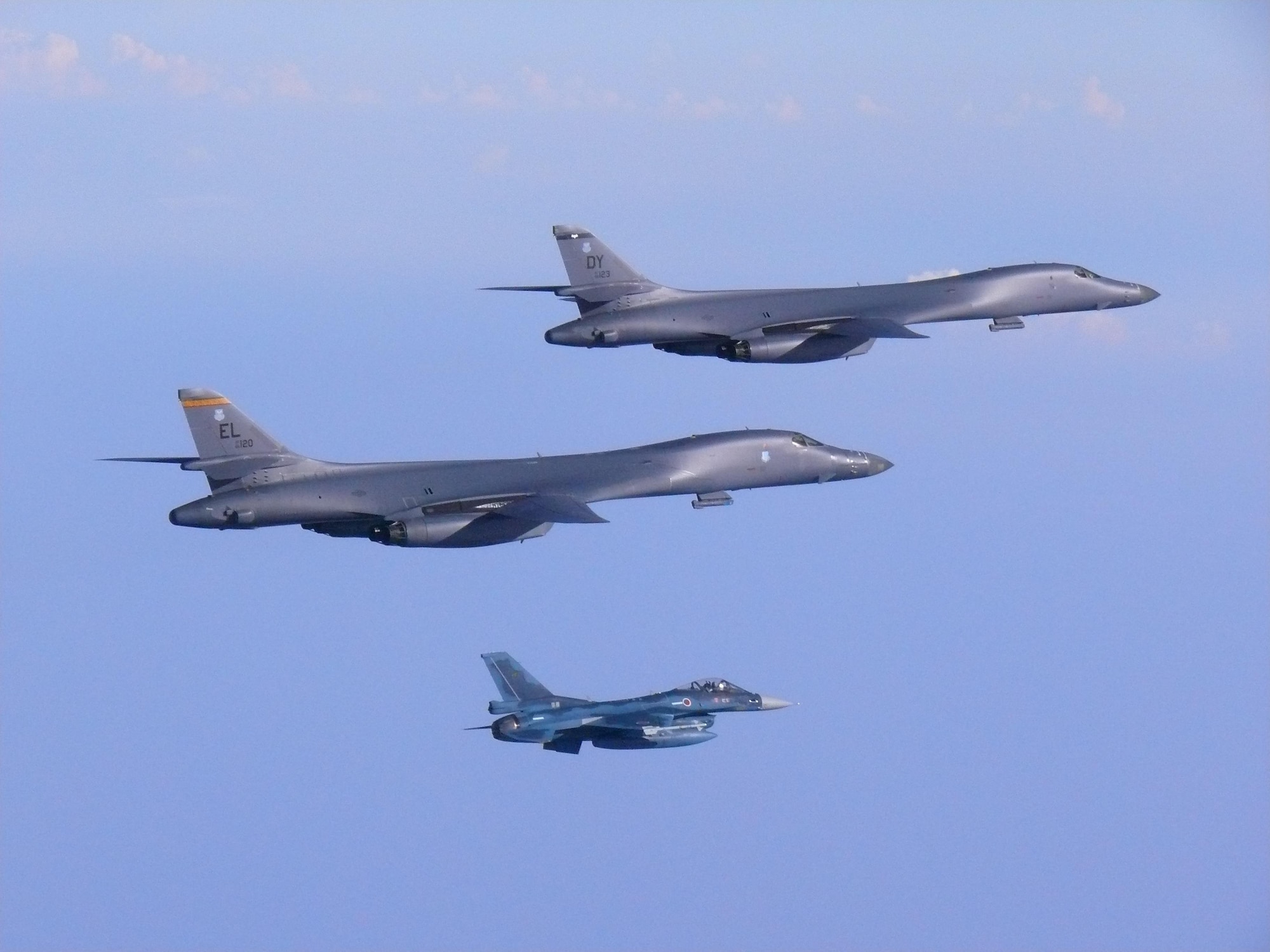 In a demonstration of ironclad U.S. commitment to our allies, two U.S. Air Force B-1B Lancers assigned to the 9th Expeditionary Bomb Squadron, deployed from Dyess Air Force Base, Texas, fly a 10-hour mission from Andersen Air Force Base, Guam, into Japanese airspace and over the Korean Peninsula, July 30, 2017. The B-1s first made contact with Japan Air Self-Defense Force F-2 fighter jets in Japanese airspace, then proceeded over the Korean Peninsula and were joined by South Korean F-15 fighter jets. This mission is in direct response to North Korea’s escalatory launch of intercontinental ballistic missiles on July 3 and 28.  (Courtesy photo)