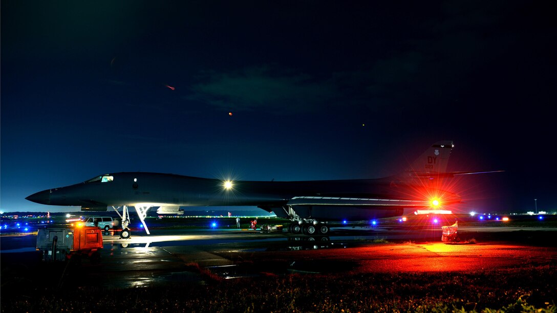 A U.S. Air Force B-1B Lancer assigned to the 9th Expeditionary Bomb Squadron, deployed from Dyess Air Force Base, Texas, prepares for a 10-hour mission from Andersen Air Force Base, Guam, into Japanese airspace and over the Korean Peninsula, July 30, 2017. The B-1s flew with Japan Air Self-Defense Force F-2 fighter jets in Japanese airspace, then proceeded over the Korean Peninsula and were joined by South Korean F-15 fighter jets. The aircrews practiced intercept and formation training during the mission, enabling them to improve their combined capabilities and tactical skills, while also strengthening the long standing military-to-military relationships in the Indo-Asia-Pacific. (U.S. Air Force photo/Airman 1st Class Gerald Willis)