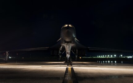 A U.S. Air Force B-1B Lancer prepares to take off for a 10-hour mission from Andersen Air Force Base, Guam, into Japanese airspace and over the Korean Peninsula, July 30, 2017. The B-1s first made contact with Japan Air Self-Defense Force F-2 fighter jets in Japanese airspace, then proceeded over the Korean Peninsula and were joined by South Korean F-15 fighter jets. This mission is part of the continuing demonstration of ironclad U.S. commitment to our allies. (U.S. Air Force photo/Tech. Sgt. Richard P. Ebensberger)