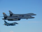 Two U.S. Air Force B-1B Lancers assigned to the 9th Expeditionary Bomb Squadron, deployed from Dyess Air Force Base, Texas, fly a 10-hour mission from Andersen Air Force Base, Guam, into Japanese airspace and over the Korean Peninsula, July 30, 2017. The B-1s first made contact with Japan Air Self-Defense Force F-2 fighter jets in Japanese airspace, then proceeded over the Korean Peninsula and were joined by South Korean F-15 fighter jets. The aircrews practiced intercept and formation training during the mission, enabling them to improve their combined capabilities and tactical skills, while also strengthening the long standing military-to-military relationships in the Indo-Asia-Pacific.(Courtesy photo)