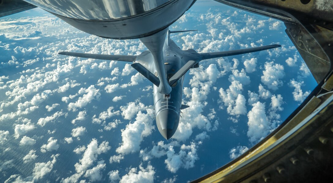 A U.S. Air Force B-1B Lancer receives fuel from a KC-135 Stratotanker during a 10-hour mission from Andersen Air Force Base, Guam, into Japanese airspace and over the Korean Peninsula, July 30, 2017. After refueling, the B-1s made contact with Japan Air Self-Defense Force F-2 fighter jets in Japanese airspace, then proceeded over the Korean Peninsula and were joined by South Korean F-15 fighter jets. This mission is part of the continuing demonstration of ironclad U.S. commitment to our allies.(U.S. Air Force photo/Staff Sgt. Joshua Smoot)