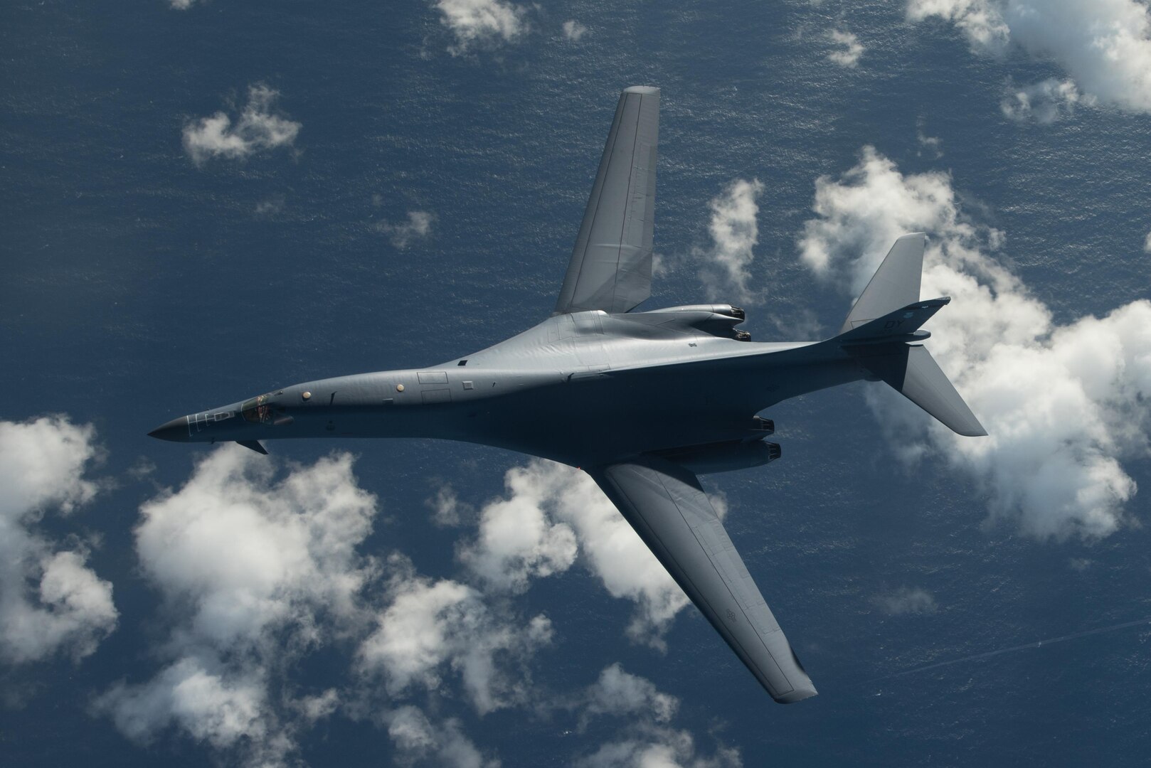 A U.S. Air Force B-1B Lancer participates in a 10-hour mission from Andersen Air Force Base, Guam, into Japanese airspace and over the Korean Peninsula, July 30, 2017. Two B-1s made contact with Japan Air Self-Defense Force F-2 fighter jets in Japanese airspace, then proceeded over the Korean Peninsula and were joined by South Korean F-15 fighter jets. This mission is part of the continuing demonstration of ironclad U.S. commitment to our allies. (U.S. Air Force photo/Airman 1st Class Jacob Skovo)