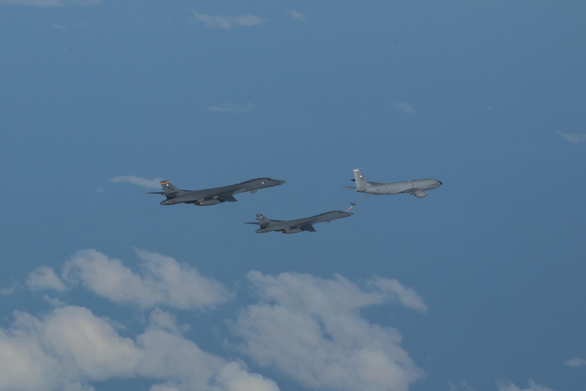 In a demonstration of ironclad U.S. commitment to our allies, two U.S. Air Force B-1B Lancers assigned to the 9th Expeditionary Bomb Squadron, deployed from Dyess Air Force Base, Texas, fly a 10-hour mission from Andersen Air Force Base, Guam, into Japanese airspace and over the Korean Peninsula, July 30, 2017. The B-1s first made contact with Japan Air Self-Defense Force F-2 fighter jets in Japanese airspace, then proceeded over the Korean Peninsula and were joined by South Korean F-15 fighter jets. This mission is in direct response to North Korea’s escalatory launch of intercontinental ballistic missiles on July 3 and 28. (U.S. Air Force photo/Airman 1st Class Christopher Quail)