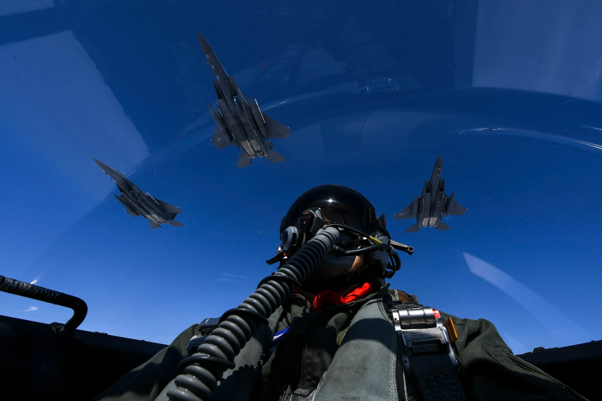 Two U.S. Air Force B-1B Lancers assigned to the 9th Expeditionary Bomb Squadron, deployed from Dyess Air Force Base, Texas, pass over a Republic of Korea air force F-15 during a 10-hour mission from Andersen Air Force Base, Guam, into Japanese airspace and over the Korean Peninsula, July 30, 2017. The B-1s first made contact with Japan Air Self-Defense Force F-2 fighter jets in Japanese airspace, then proceeded over the Korean Peninsula and were joined by South Korean F-15 fighter jets. U.S. Pacific Command maintains flexible bomber and fighter capabilities in the Indo-Asia-Pacific theater, retaining the ability to quickly respond to any regional threat in order to defend the U.S. homeland and in support of our allies. (Courtesy photo)