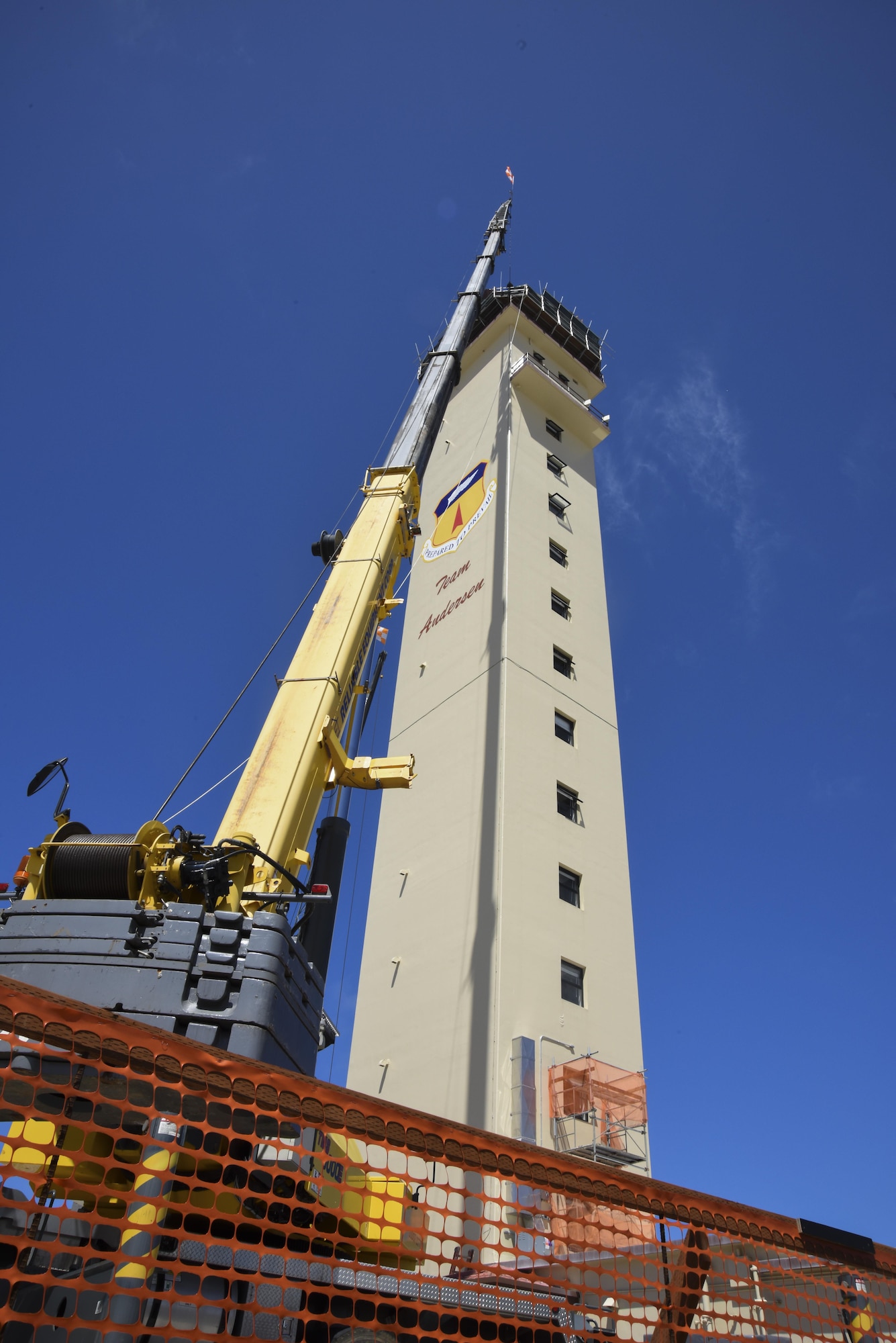 The Andersen control tower under goes renovations June 12, 2017, at Andersen Air Force Base, Guam. Air traffic control Airmen assigned to the 36th Operation Support Squadron began work in the new tower June 30 after spending almost three months working in the mobile tower unit on the flightline. (U.S. Air Force Photo by Tech Sgt. Richard P. Ebensberger)