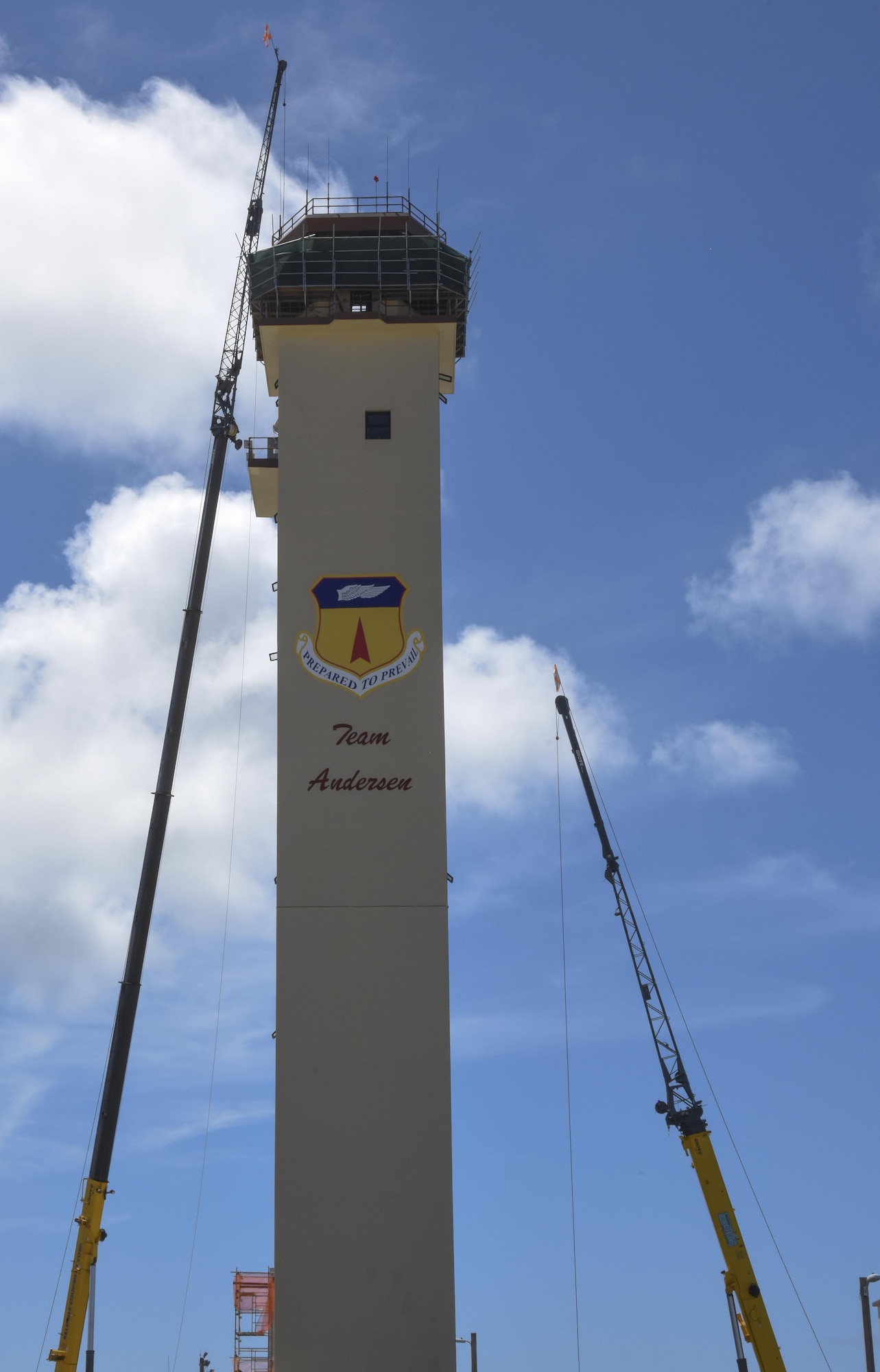 The Andersen control tower under goes renovations June 12, 2017, at Andersen Air Force Base, Guam. Air traffic control Airmen assigned to the 36th Operation Support Squadron began work in the new tower June 30 after spending almost three months working in the mobile tower unit on the flightline. (U.S. Air Force Photo by Tech Sgt. Richard P. Ebensberger)