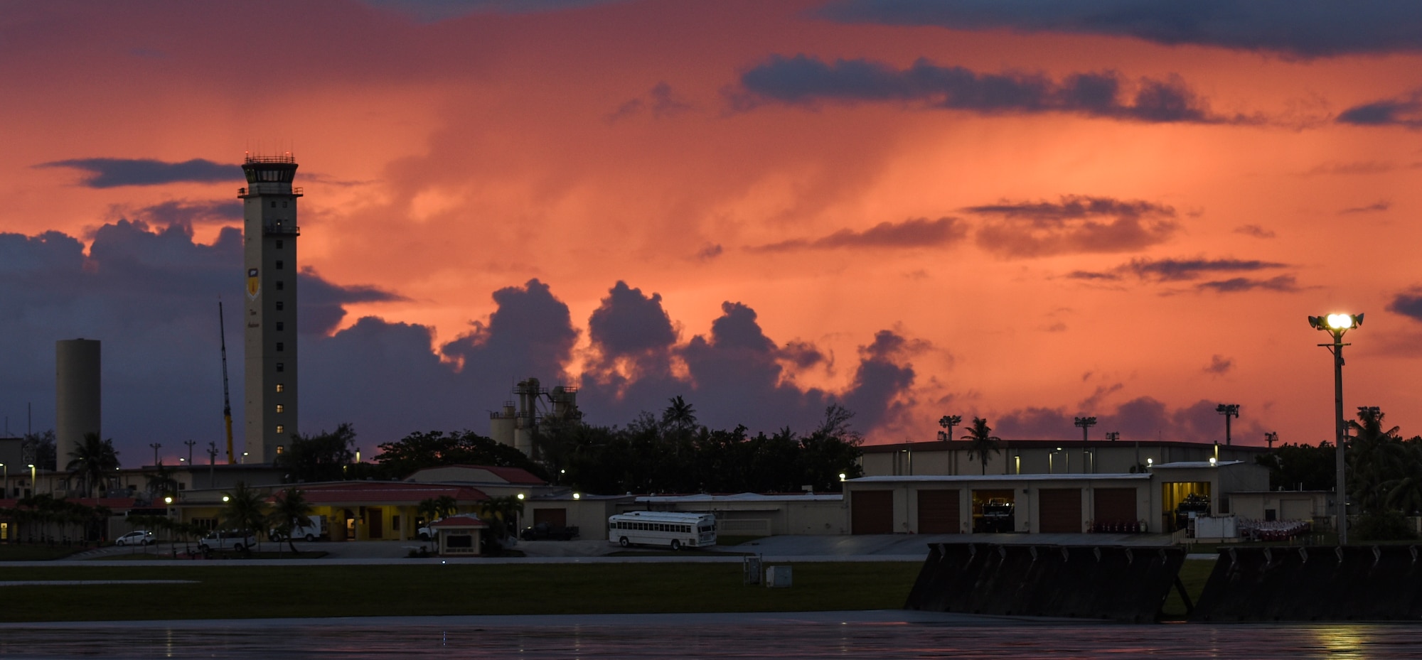 The Andersen control tower under goes renovations June 20, 2017, at Andersen Air Force Base, Guam. Air traffic control Airmen assigned to the 36th Operation Support Squadron began work in the new tower June 30 after spending almost three months working in the mobile tower unit on the flightline. (U.S. Air Force Photo by Tech Sgt. Richard P. Ebensberger)