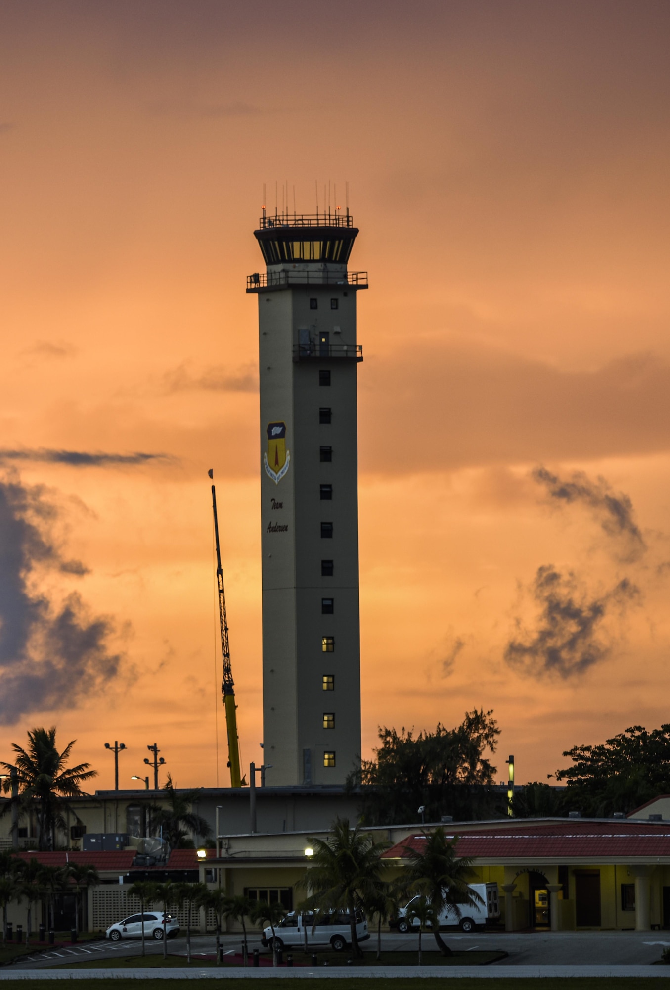 The Andersen control tower under goes renovations June 20, 2017, at Andersen Air Force Base, Guam. Air traffic control Airmen assigned to the 36th Operation Support Squadron began work in the new tower June 30 after spending almost three months working in the mobile tower unit on the flightline. (U.S. Air Force Photo by Tech Sgt. Richard P. Ebensberger)