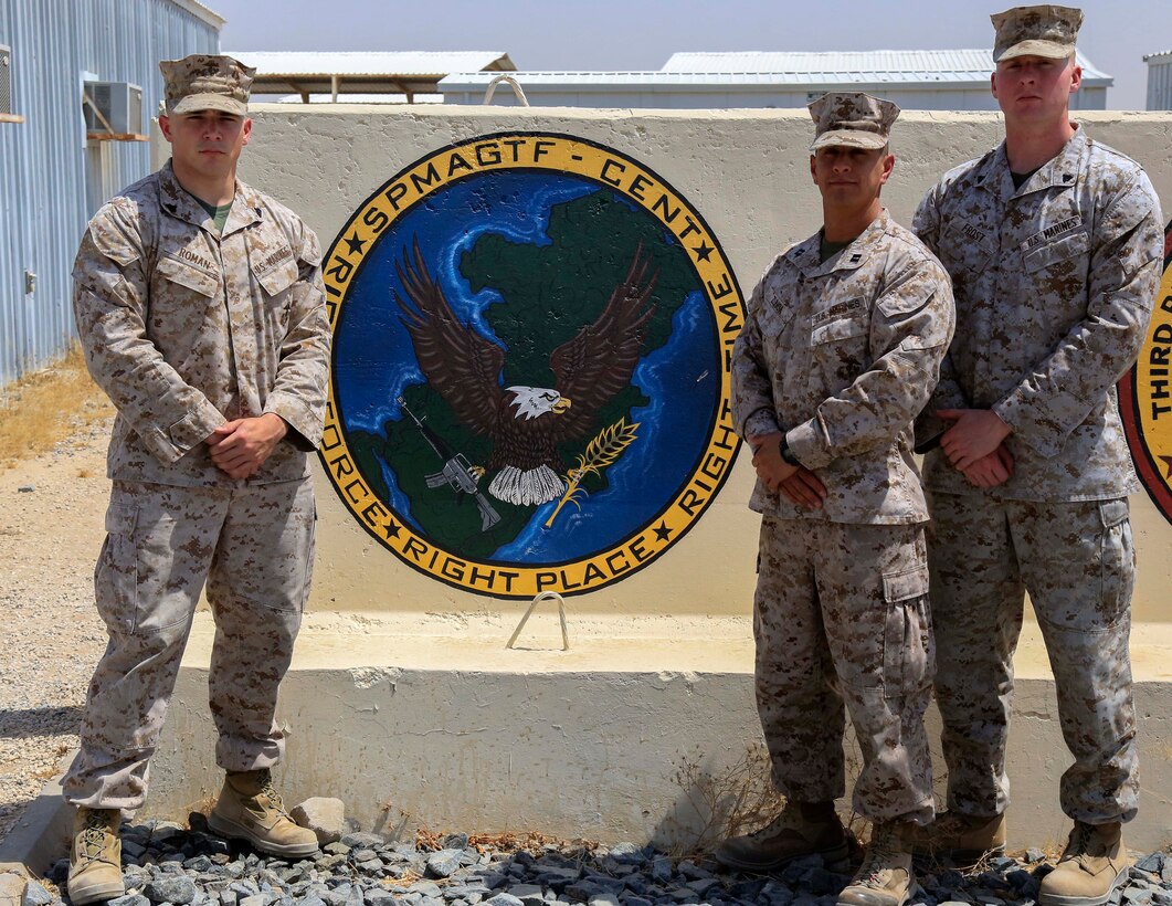 From left to right, Sgt. Michael Roman, Capt. Andres Zuniga, and Cpl. James S. Frost, form the Comptroller Team for the Special Purpose Marine Air-Ground Task Force-Crisis Response-Central Command while deployed to the Middle East, July 25, 2017. Throughout their eight-month deployment, the team identified approximately $800,000 of allocated yet unspent funds which allowed for the purchase of additional products to enhance the command’s ability to react to any mission they may encounter while conducting USCENTCOM’s crisis response mission. 