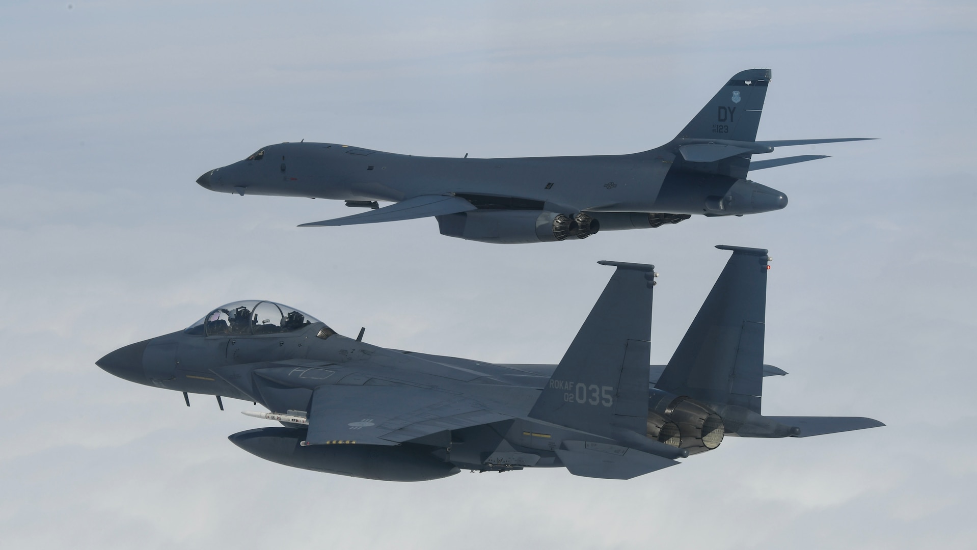 A U.S. Air Force B-1B Lancer assigned to the 9th Expeditionary Bomb Squadron, deployed from Dyess Air Force Base, Texas, fly a 10-hour mission from Andersen Air Force Base, Guam, into Japanese airspace and over the Korean Peninsula, July 30, 2017. The B-1s first made contact with Japan Air Self-Defense Force F-2 fighter jets in Japanese airspace, then proceeded over the Korean Peninsula and were joined by South Korean F-15 fighter jets. This mission is in direct response to North Korea’s escalatory launch of intercontinental ballistic missiles on July 3 and 28. (Courtesy photo)