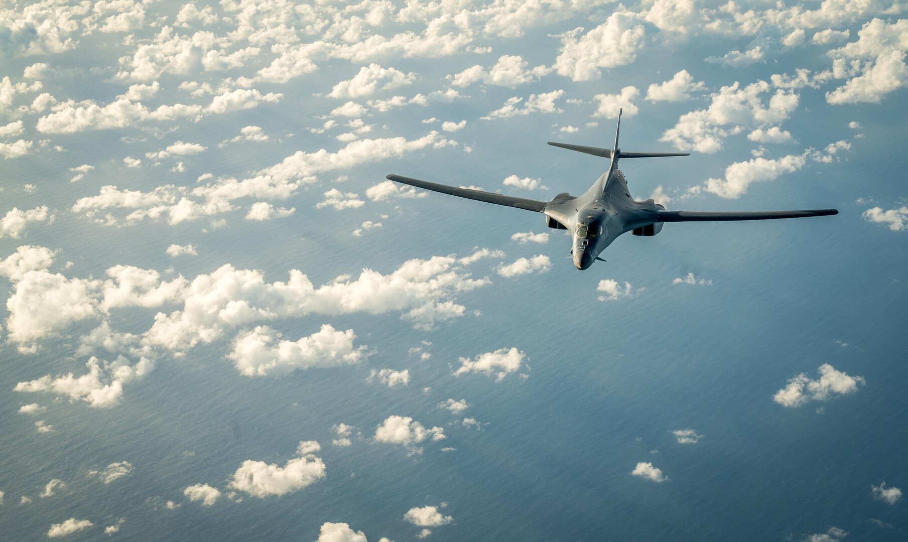 A U.S. Air Force B-1B Lancer participates in a 10-hour mission from Andersen Air Force Base, Guam, into Japanese airspace and over the Korean Peninsula, July 30, 2017. The B-1s first made contact with Japan Air Self-Defense Force F-2 fighter jets in Japanese airspace, then proceeded over the Korean Peninsula and were joined by South Korean F-15 fighter jets. This mission is part of the continuing demonstration of ironclad U.S. commitment to our allies. (U.S. Air Force photo/Staff Sgt. Joshua Smoot)