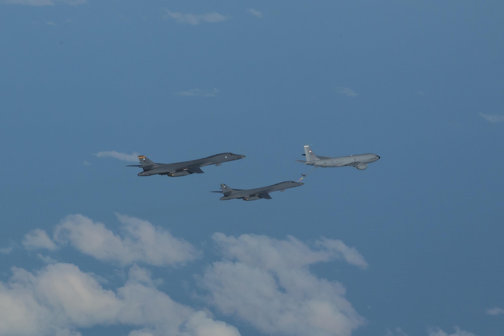 In a demonstration of ironclad U.S. commitment to our allies, two U.S. Air Force B-1B Lancers assigned to the 9th Expeditionary Bomb Squadron, deployed from Dyess Air Force Base, Texas, fly a 10-hour mission from Andersen Air Force Base, Guam, into Japanese airspace and over the Korean Peninsula, July 30, 2017. The B-1s first made contact with Japan Air Self-Defense Force F-2 fighter jets in Japanese airspace, then proceeded over the Korean Peninsula and were joined by South Korean F-15 fighter jets. This mission is in direct response to North Korea’s escalatory launch of intercontinental ballistic missiles on July 3 and 28. (U.S. Air Force photo/Airman 1st Class Christopher Quail)