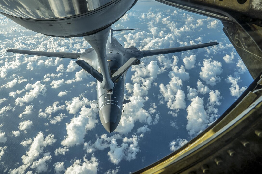 An Air Force B-1B Lancer receives fuel from a KC-135 Stratotanker during a 10-hour mission from Andersen Air Force Base, Guam, into Japanese airspace and over the Korean Peninsula, July 30, 2017. The Lancers flew with Japanese and South Korean fighter jets for parts of the mission, which served as a demonstration of U.S. commitment to its allies in the region. Air Force photo by Tech. Sgt. Kamaile Casillas