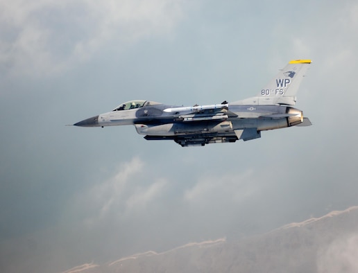 An 80th Fighter Squadron F-16 Fighting Falcon flies in the skies above Kunsan Air Base, South Korea. The 80th will take part in Red Flag Alaska over course of several days. (U.S. Air Force Photo/Senior Airman Armando A. Schwier-Morales)