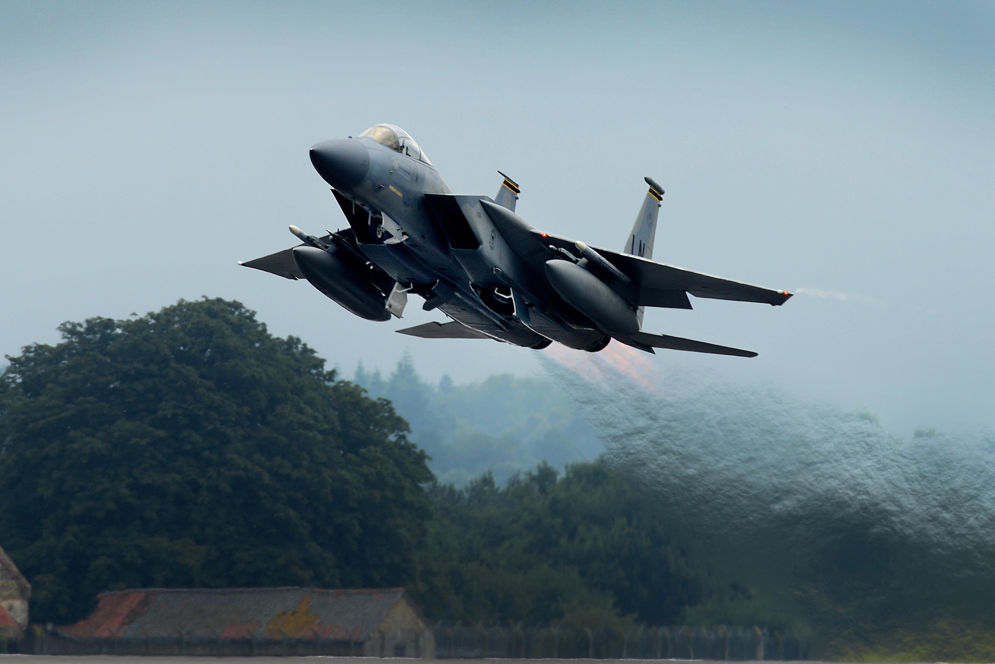 An F-15D Eagle assigned to the 493rd Fighter Squadron at Royal Air Force Lakenheath, England, launches for a sortie in support of a flying training exercise at Lakenheath with the 480th Fighter Squadron from Spangdahlem Air Base, Germany, July 25. The bilateral training event is designed to enhance interoperability, maintain joint readiness and reassure our regional Allies and partners of the U.S. Air Force’s commitment to a safe and secure Europe. (U.S. Air Force photo/ Tech. Sgt. Matthew Plew)