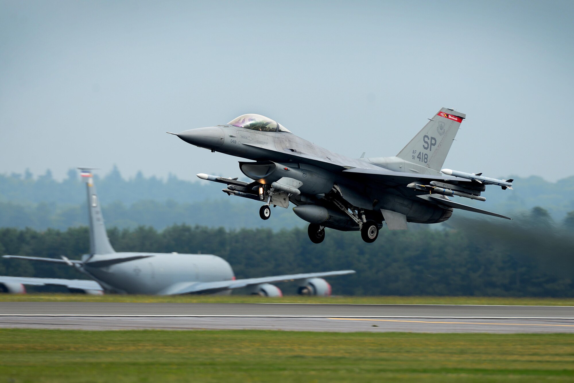 An F-16C Fighting Falcon assigned to the 480th Fighter Squadron, Spangdahlem Air Base, Germany, launches for a sortie in support of a flying training exercise at Royal Air Force Lakenheath, England, July 25. Eighteen F-16 Fighting Falcon aircraft and more than 260 Airmen from the 52nd Fighter Wing, Spangdahlem Air Base, Germany, completed a three-week flying training deployment July 31. (U.S. Air Force photo/ Tech. Sgt. Matthew Plew)