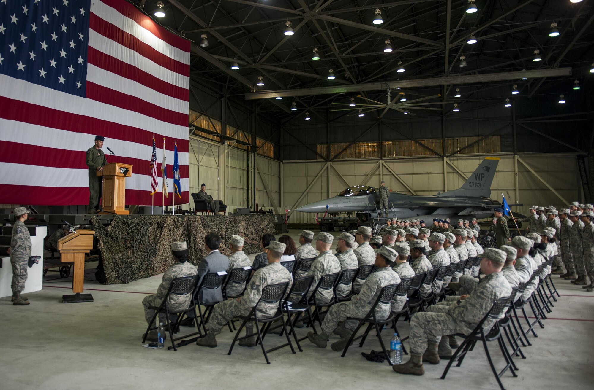 U.S. Air Force Col. Kristopher Struve, 8th Operations Group commander, speaks to the 8th Fighter Wing during an assumption of command ceremony at Kunsan Air Base, Republic of Korea, July 31, 2017. Struve took command of the 8th OG and, upon assuming the position, received the title of “Viper.” (U.S. Air Force photo by Senior Airman Colville McFee/Released)