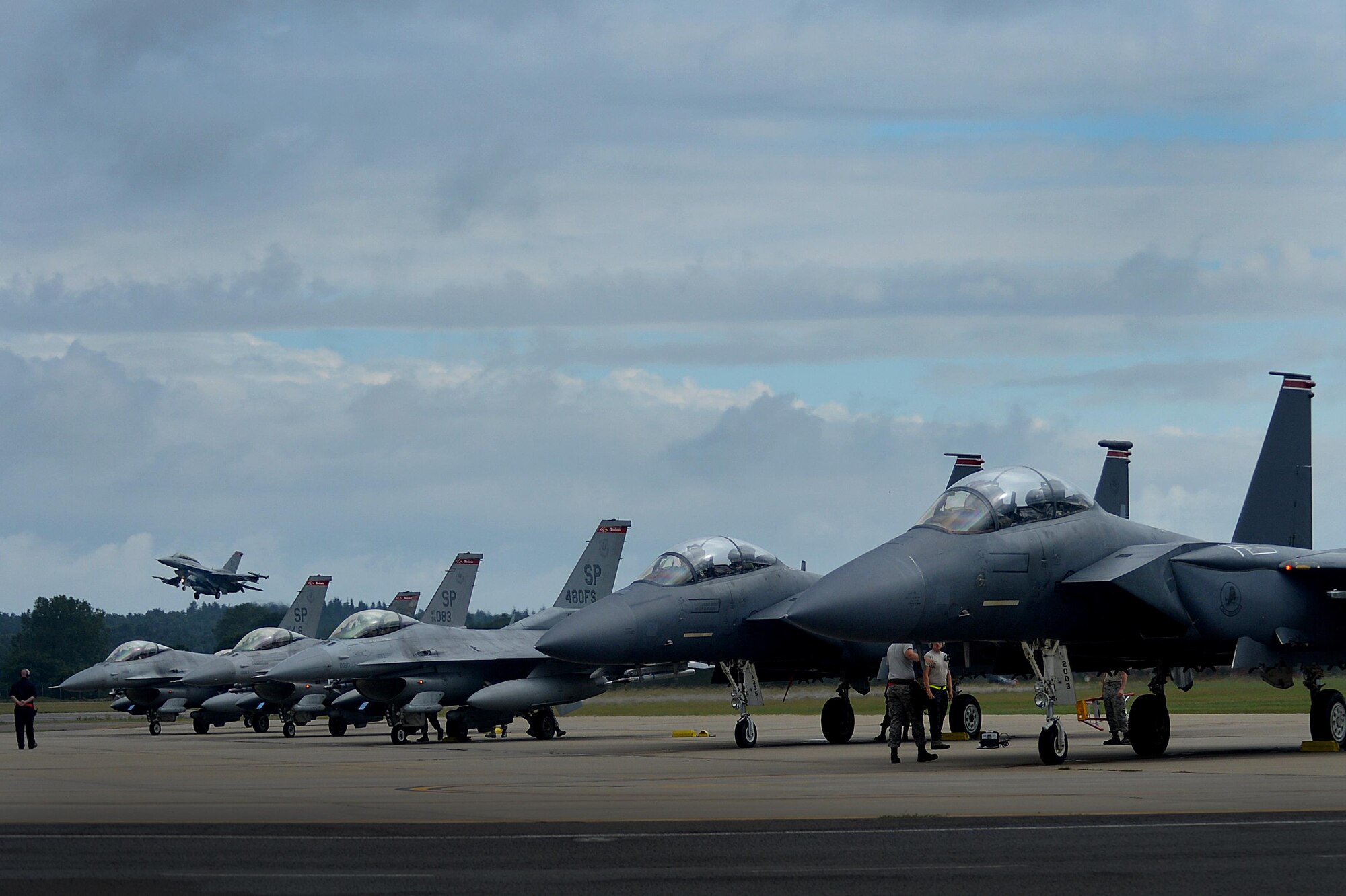 An F-16C Fighting Falcon assigned to the 480th Fighter Squadron, Spangdahlem Air Base, Germany, launches for a sortie in support of a flying training exercise at Royal Air Force Lakenheath, England, July 25. Eighteen F-16 Fighting Falcon aircraft and more than 260 Airmen from the 52nd Fighter Wing, Spangdahlem AB, completed a three-week flying training deployment July 31. (U.S. Air Force photo/ Master. Sgt. Eric Burks)