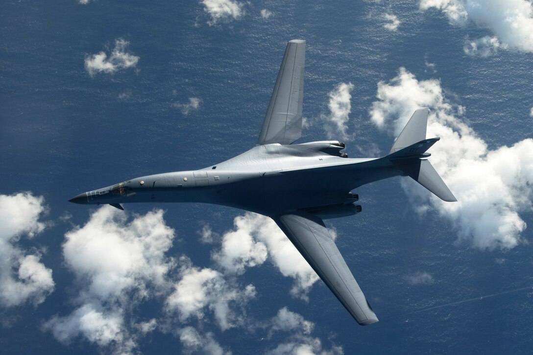 An Air Force B-1B Lancer participates in a 10-hour mission from Andersen Air Force Base, Guam, into Japanese airspace and over the Korean Peninsula, July 30, 2017. Air Force photo by Airman 1st Class Jacob Skovo