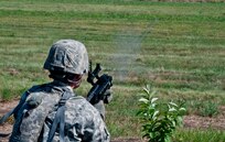 A vapor trail follows lingers as a U.S. Army Reserve Soldier with the 844th HHC, Engineer Battalion, 411th Engineer Brigade, 412th Theater Engineer Command, familiarize fires the new M320 40 mm grenade launcher during River Assault 2017 at Fort Chaffee Maneuver Center, Ark., July 24, 2017. River Assault 2017 is a two-week extended combat training exercise held July 15-28 focusing on technical skills, of various service members, culminating with the construction of a floating improved ribbon bridge across the Arkansas River.  (U.S. Army Reserve Photo by Staff Sgt. Roger Ashley)