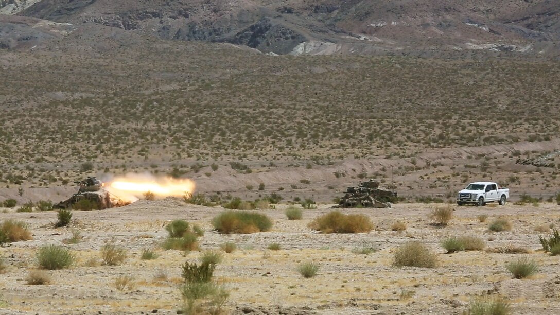 A U.S. Marine antitank missileman with Combined Anti-Armor Team (CAAT), 1st Battalion, 1st Marine Regiment, Marine Air Ground Task Force-8 (MAGTF-8) fires a BMG-71E inert TOW missile from a HUMVEE at a target for a Tank Mechanized Assault Course (TMAC) during Integrated Training Exercise (ITX) 5-17 at Marine Corps Air Ground Combat Center, Twentynine Palms, Calif., July 28, 2017. The purpose of ITX is to create a challenging, realistic training environment that produces combat-ready forces capable of operating as an integrated MAGTF. (U.S. Marine Corps Photo by Sgt. Kassie L. McDole)