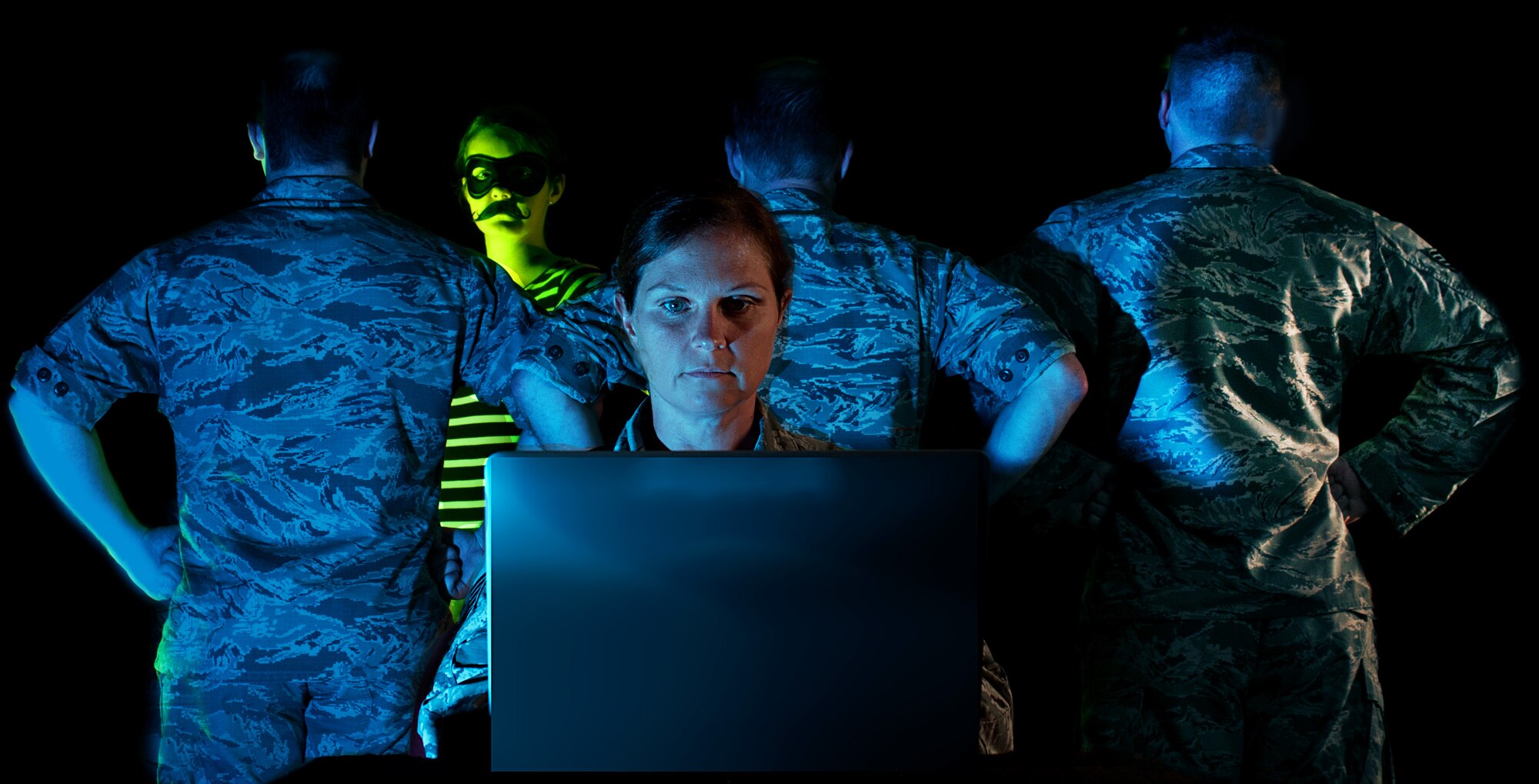 Members of the 157th Communications Flight pose for a portrait on July 25, 2017, at Pease Air National Guard Base, N.H. The cyber defense team protects the computer and information assets of Team Pease. (U.S. Air National Guard photo illustration by Staff Sgt. Kayla Rorick)