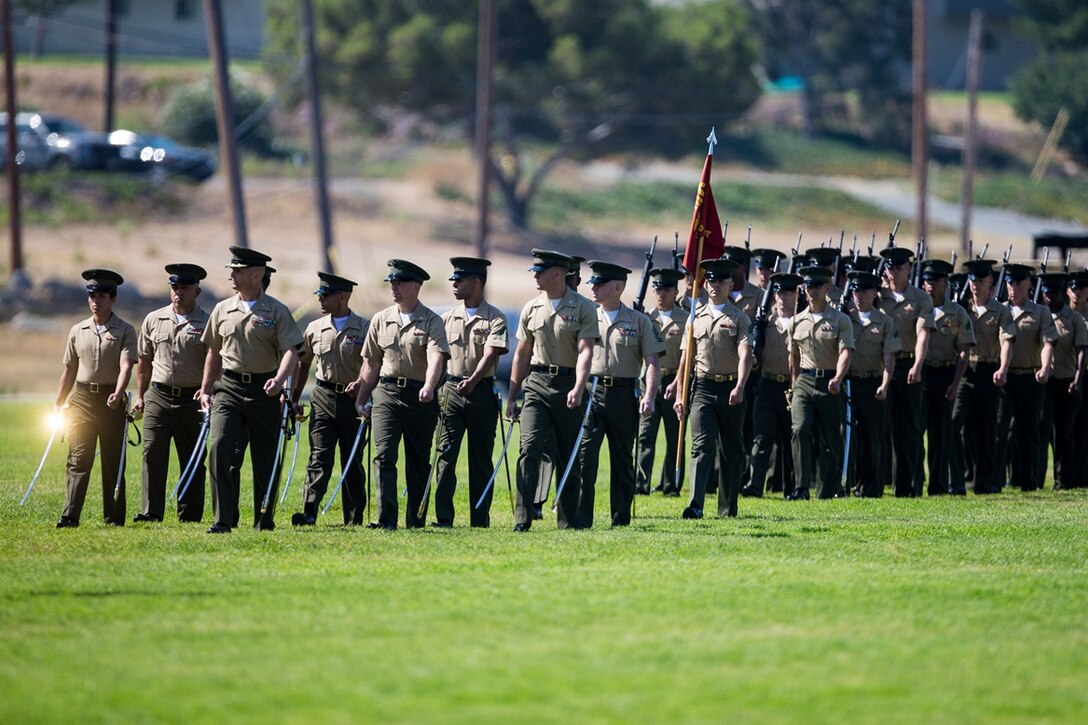 CAMP PENDLETON, CALIF. - U.S. Marines with 1st Marine Logistics Group execute eyes right as part of the pass in review during the 1st MLG change of command ceremony at Camp Pendleton July 28, 2017.  Approximately 8,000 Marines and Sailors serve numerous occupational specialties within 1st MLG, encompassing six functions of logistics: supply, maintenance, transportation, general engineering, health services, and command services. (U.S. Marine Corps photo by Sgt. Rodion Zabolotniy)