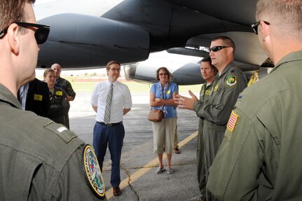 U.S. Strategic Command (USSTRATCOM) “Experience Day” participants learn about a B-52 Stratofortress at Offutt Air Force Base, Neb., July 28, 2017.   International, military, governmental, academic and industry experts who attended the 2017 USSTRATCOM Deterrence Symposium were invited to the half-day event. More than 50 individuals were given a USSTRATCOM mission brief, toured the Global Operations Center and visited an OC-135 Observation Aircraft, E-6B Mercury and a Terminal High Altitude Area Defense launcher. 