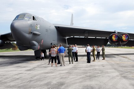 U.S. Strategic Command (USSTRATCOM) “Experience Day” participants learn about a B-52 Stratofortress at Offutt Air Force Base, Neb., July 28, 2017.  International, military, governmental, academic and industry experts who attended the 2017 USSTRATCOM Deterrence Symposium were invited to the half-day event. More than 50 individuals were given a USSTRATCOM mission brief, toured the Global Operations Center and visited an OC-135 Observation Aircraft, E-6B Mercury and a Terminal High Altitude Area Defense launcher. 