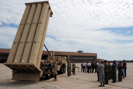 U.S. Strategic Command (USSTRATCOM) “Experience Day” participants learn about a Terminal High Altitude Area Defense launcher on the flight line at Offutt Air Force Base, Neb., July 28, 2017.   International, military, governmental, academic and industry experts who attended the 2017 USSTRATCOM Deterrence Symposium were invited to the half-day event. More than 50 individuals were given a USSTRATCOM mission brief, toured the Global Operations Center and visited a B-52 Stratofortress, OC-135 Observation Aircraft, and an E-6B Mercury.