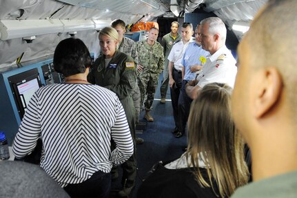 U.S. Strategic Command (USSTRATCOM) “Experience Day” participants learn about the OC-135B Open Skies observation aircraft at Offutt Air Force Base, Neb., on July 28, 2017.  International, military, governmental, academic and industry experts who attended the 2017 USSTRATCOM Deterrence Symposium were invited to the half-day event. More than 50 individuals were given a USSTRATCOM mission brief, toured the Global Operations Center and visited a B-52 Stratofortress, E-6B Mercury and a Terminal High Altitude Area Defense launcher. 
