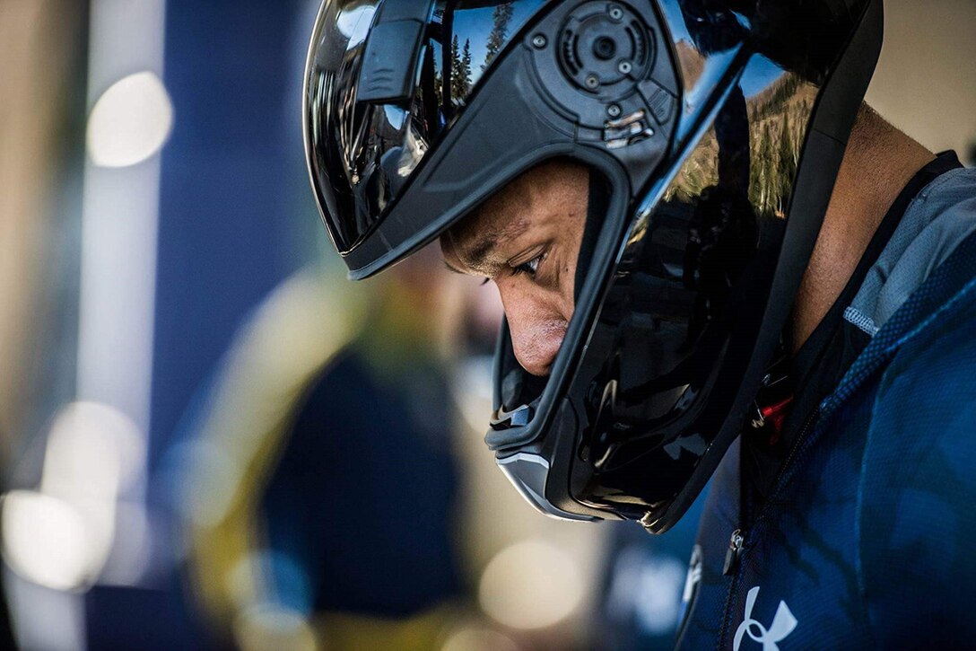 Air Force Capt. David Simon takes a moment to focus during tryouts for the U.S. National Bobsled Team in Park City, Utah, Nov. 2, 2016. His bid for that team ended with an injury, but he's still aiming for a spot on the USA Bobsled Team for the 2018 Winter Olympic Games in Pyeongchang, South Korea. Courtesy photo
