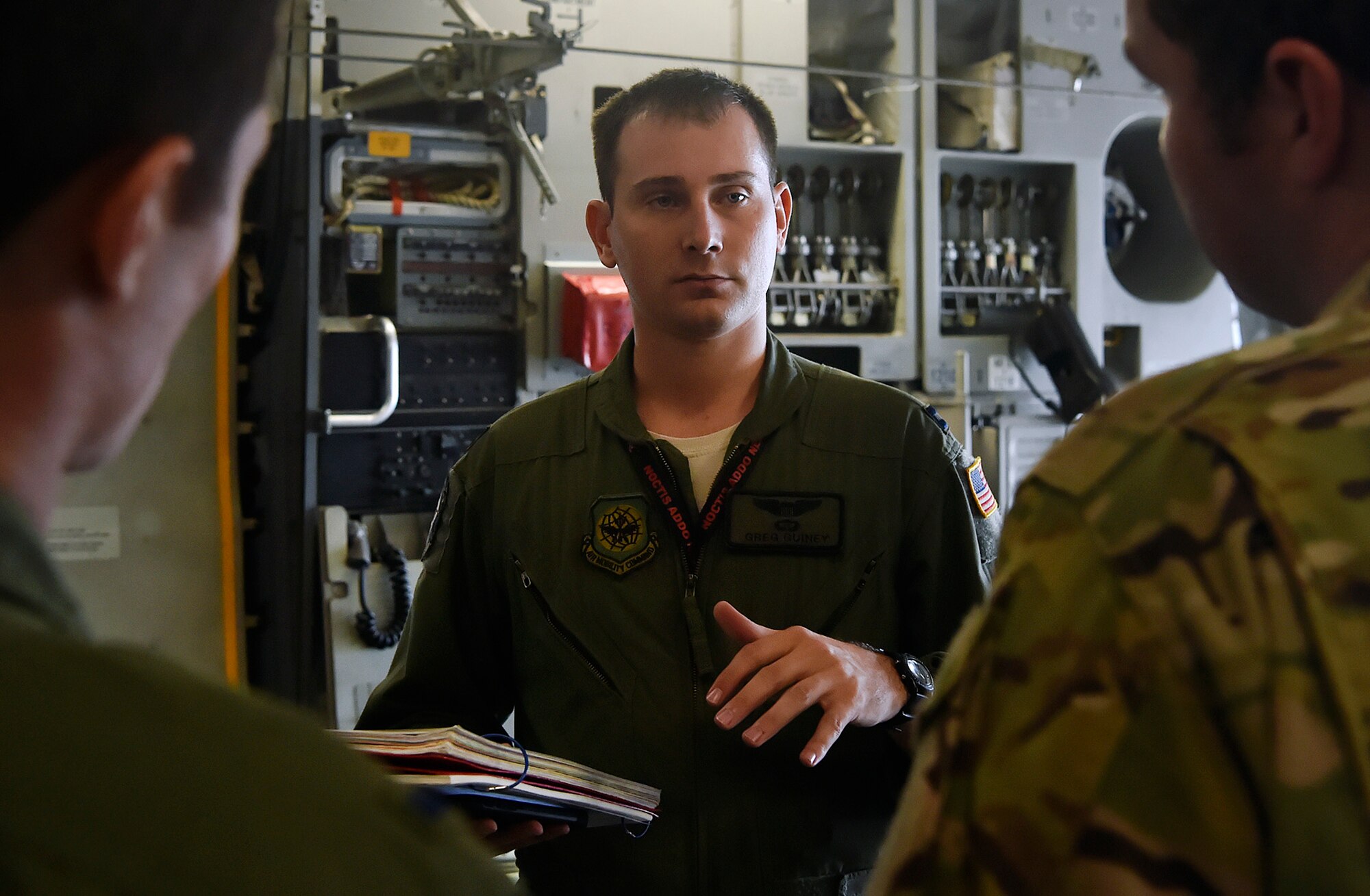 Capt. Brian Guiney, 16th Airlift Squadron C-17 Globemaster III pilot, briefs aircrew members here, prior to departing for Joint Base Lewis-McChord, Washington State, in support of Exercise Mobility Guardian July 31. Mobility Guardian is designed to enhance the capabilities of mobility Airmen to succeed in dynamic threat environments. The exercise features more than 3,000 participants and involves 25 countries from July 31 to Aug. 11. (U.S. Air Force photo by Staff Sgt. Christopher Hubenthal)