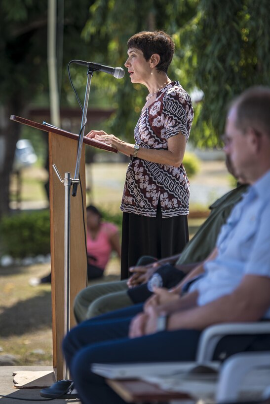 U.S. Ambassador Judith Cefkin addresses a crowd who gathered for the closing ceremonies for Pacific Angel (PACANGEL) 17-3 at the Tagitagi Sangam School and Kindergarten in Tavua, Fiji, July 24, 2017. Cefkin thanked the multilateral joint Total Force Enterprise team for the hard work and dedication to the people of Fiji and peace and prosperity across the Indo-Asia-Pacific region. PACANGEL 17-3 built partnerships between the U.S., Fiji, and five regional nations including Australia, Vanuatu, Indonesia, the Philippines and France by conducting multilateral humanitarian assistance and civil military operations, promoting regional military-civilian-nongovernmental organization cooperation and interoperability. (U.S. Air Force photo/Tech. Sgt. Benjamin W. Stratton)