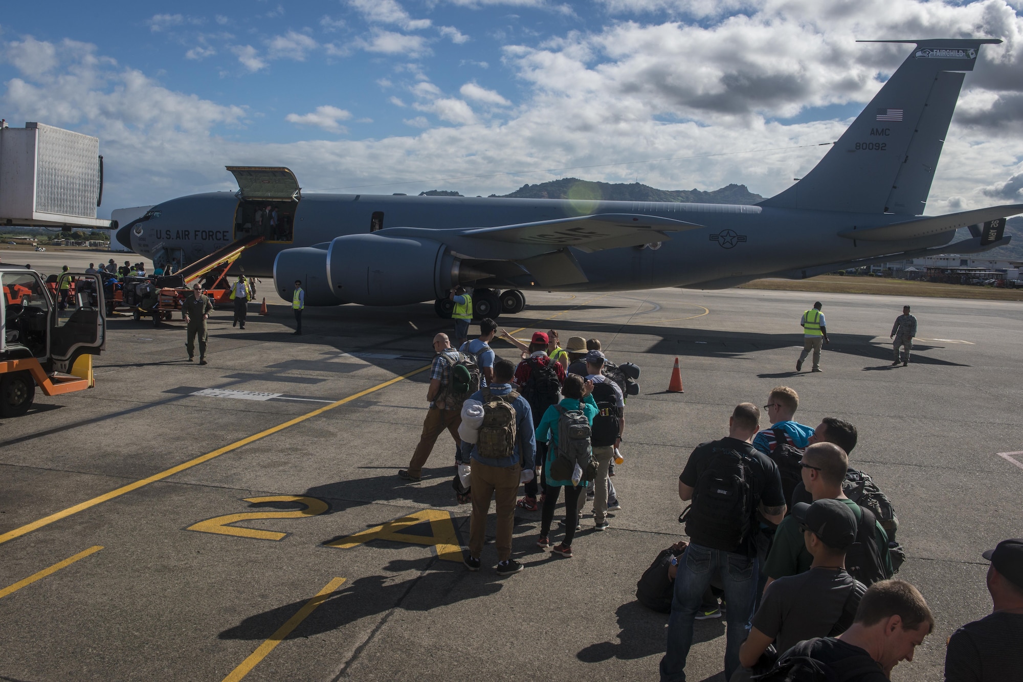 Pacific Angel (PACANGEL) 17-3 main body personnel board a 92nd Air Refueling Wing KC-135 Stratotanker from Fairchild Air Force Base, Wash., for their return flight home at the Nadi International Airport in Fiji, July 25, 2017. The active duty KC-135, flown by a crew completely comprised of Washington Air National Guard Citizen Airmen, provided the primary means of air transportation for PACANGEL 17-3 mission personnel, cargo and supplies. The KC-135 and its crew ensured the operation could execute by sustained rapid global mobility and continuous regional development through mobility partnerships as members of the Air Mobility Command. (U.S. Air Force photo/Tech. Sgt. Benjamin W. Stratton)
