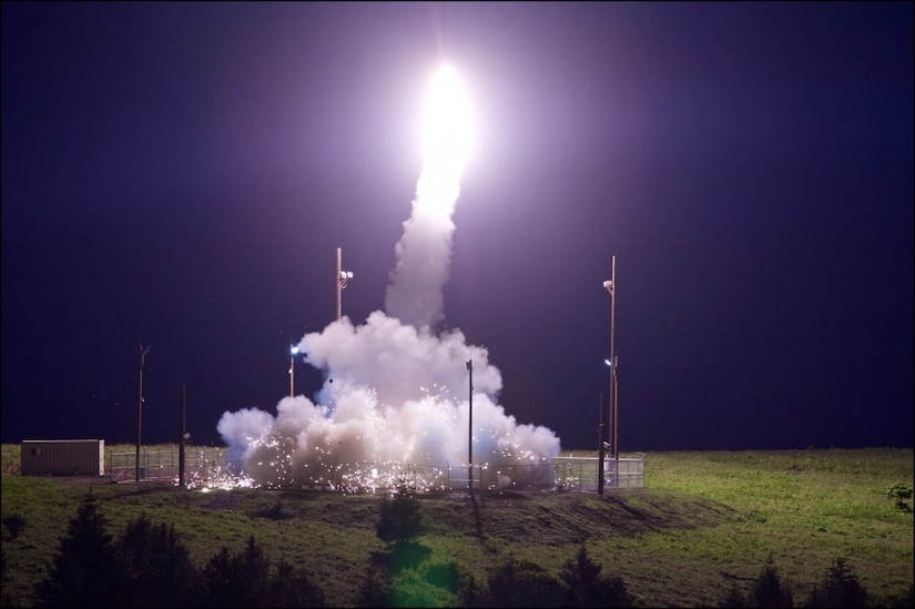 A Terminal High Altitude Area Defense interceptor is launched from the Pacific Spaceport Complex Alaska in Kodiak, Alaska, during Flight Test THAAD-18, July 11, 2017. During the test, the THAAD weapon system successfully intercepted an air-launched intermediate-range ballistic missile target. Defense Department photo by Leah Garton