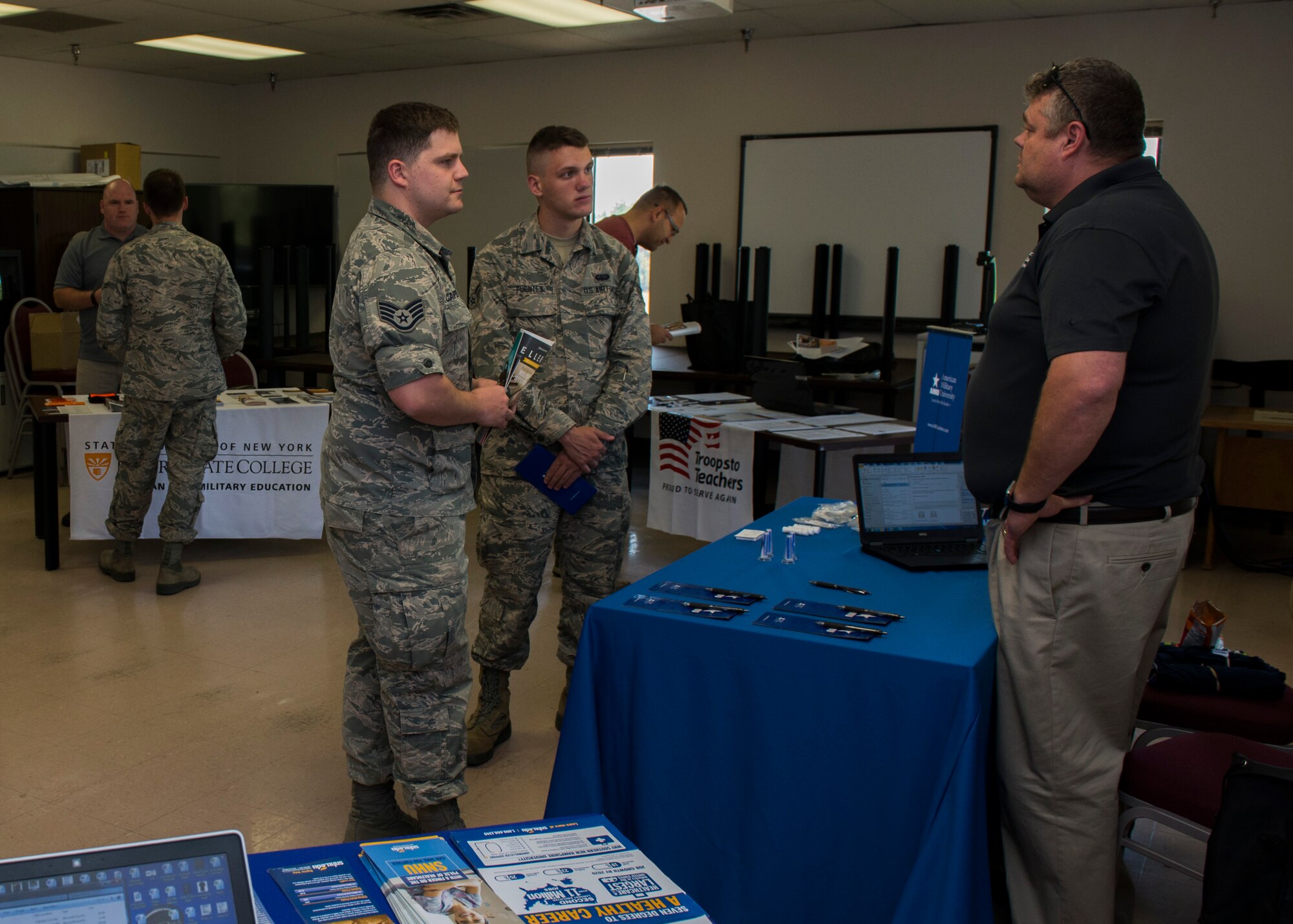 The Education Center hosted an education fair at Minot Air Force Base, N.D., July 26, 2017. During the fair, 10 school representatives were available to speak to Team Minot personnel about pursuing higher education. (U.S. Air Force photo by Airman 1st Class Alyssa M. Akers)